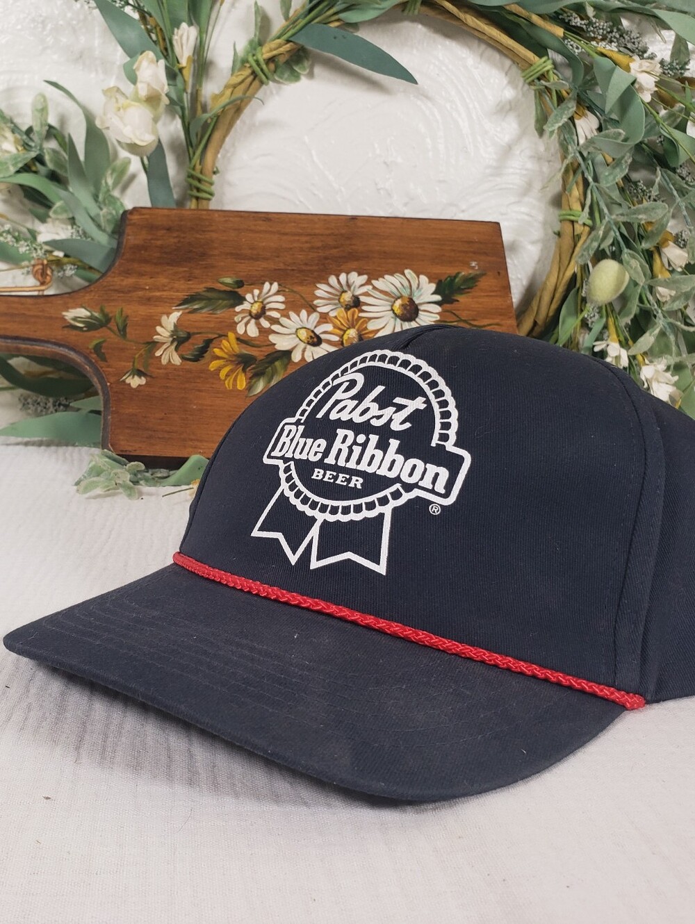 Pabst Blue Ribbon Snapback Cap with Red Rope Detail